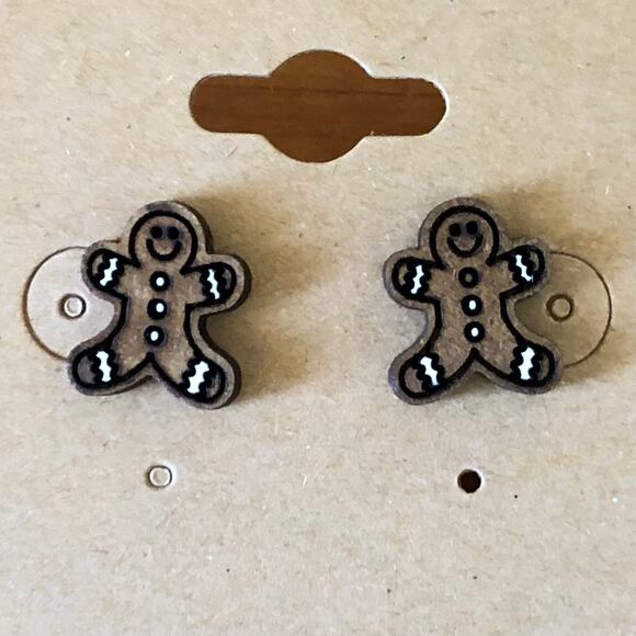 Smiling Gingerbread Man Stud Earrings - Hand Painted Wood, Hypoallergenic - Picture 3 of 5